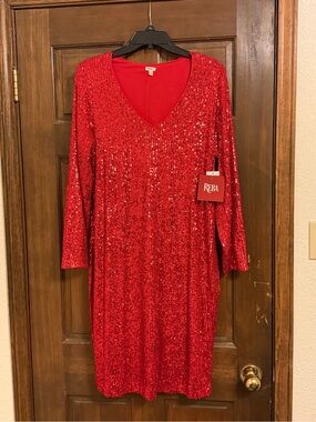Reba Red Sequin Long Sleeve V-Neck Dress